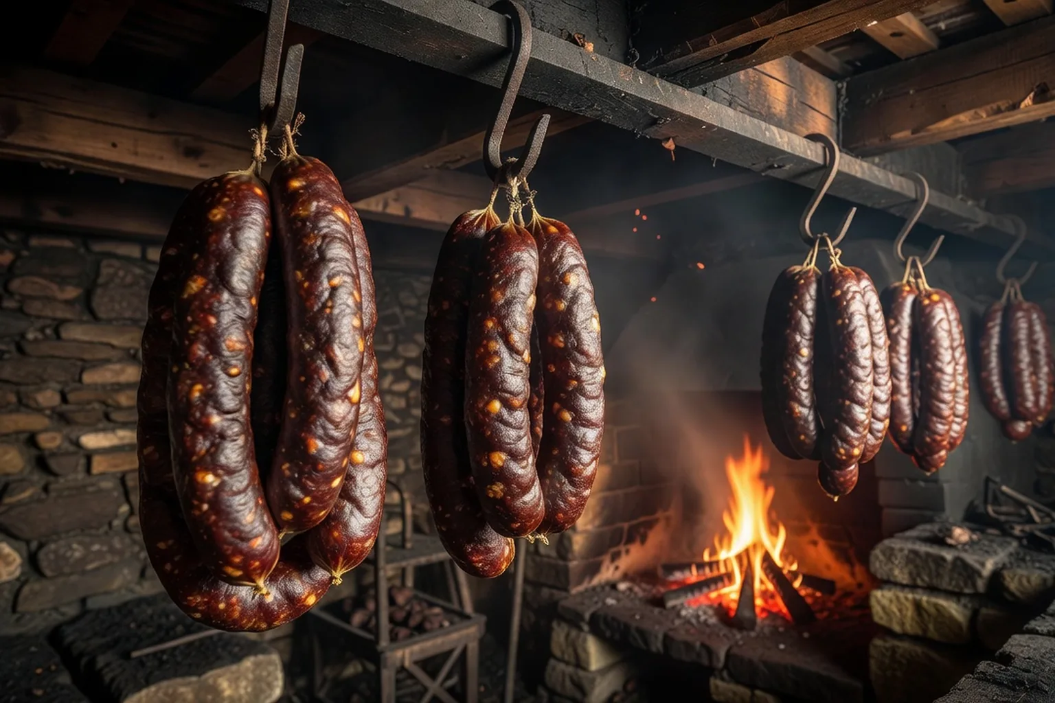 Boyaux d'andouille suspendus dans un fumoir traditionnel du Val d'Ajol, éclairés par la lumière du feu.