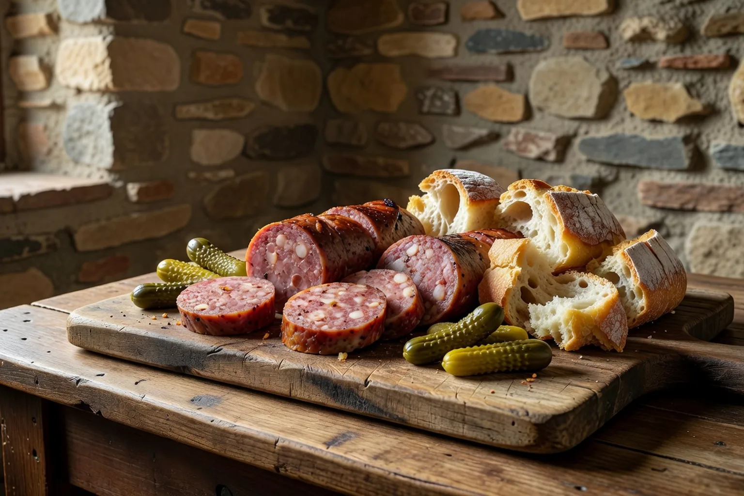 Tranches d'andouille du Val d'Ajol servies froides sur une planche de bois, avec du pain et des cornichons.