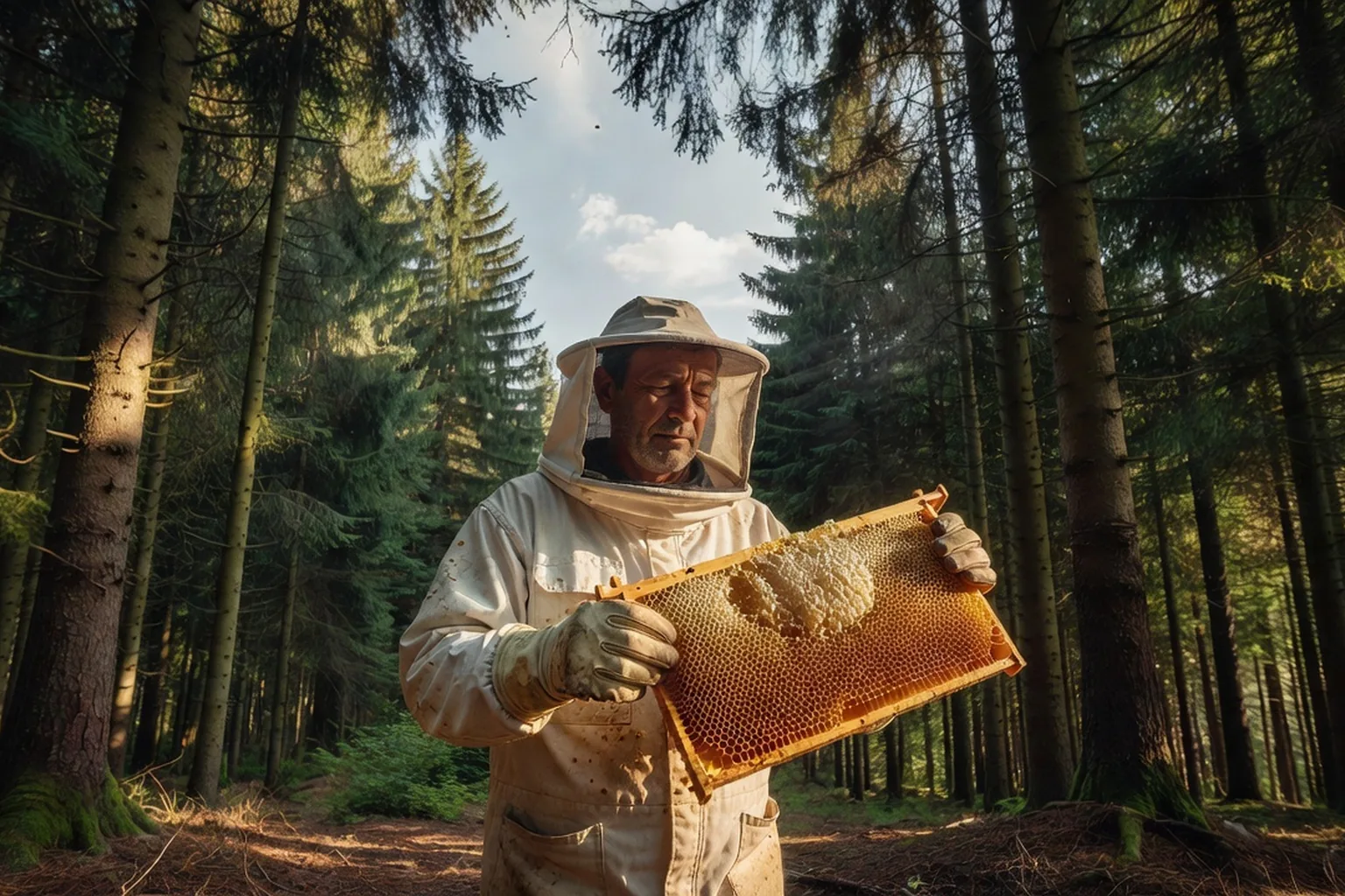 Un apiculteur inspecte un cadre de ruche en forêt de sapins, dans les Vosges.