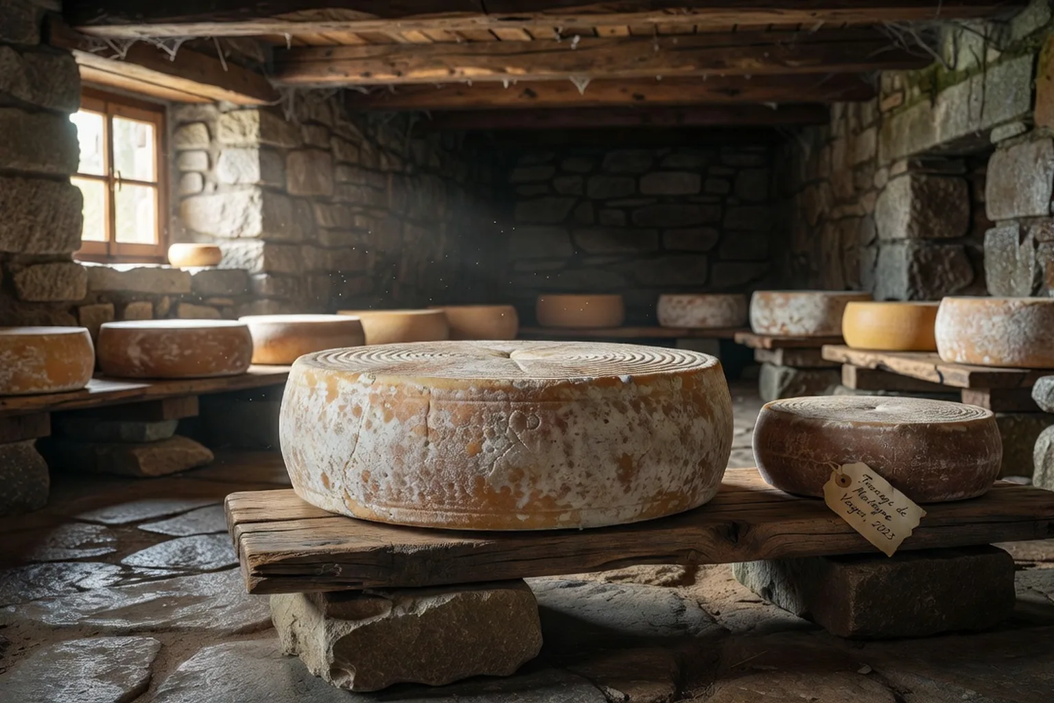 Une tomme de montagne en cours d'affinage dans une ferme-auberge vosgienne.
