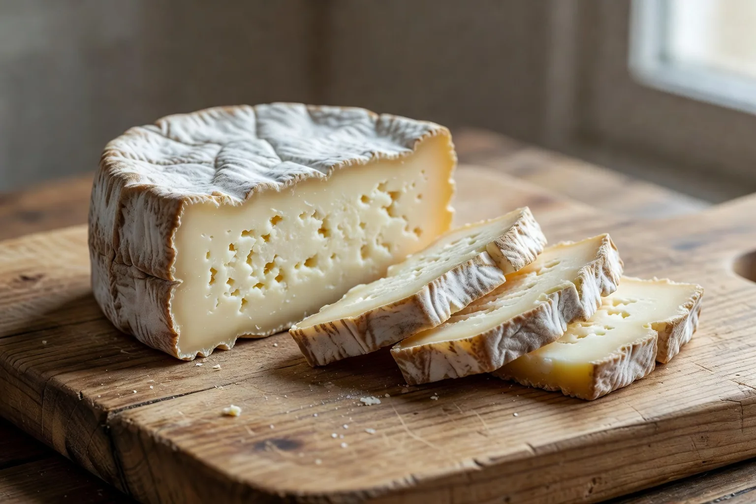 Le bargkass, fromage de garde à pâte pressée, tranché sur une planche de bois.