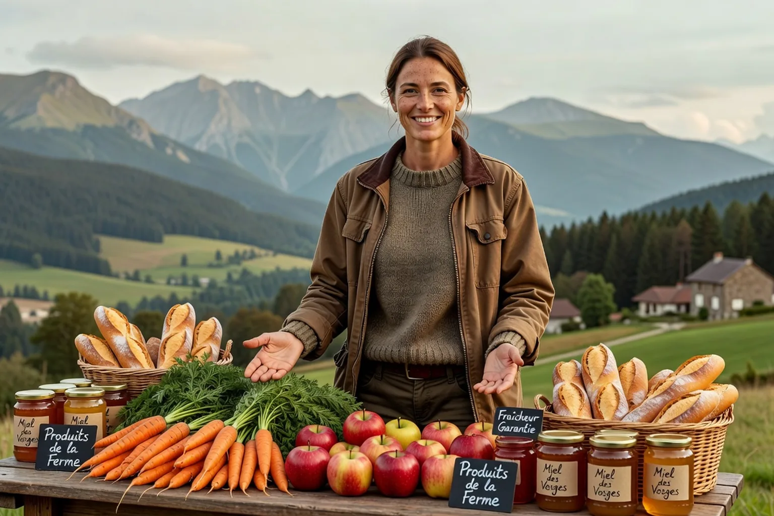 Une agricultrice vosgienne présente ses produits en vente directe à la ferme.