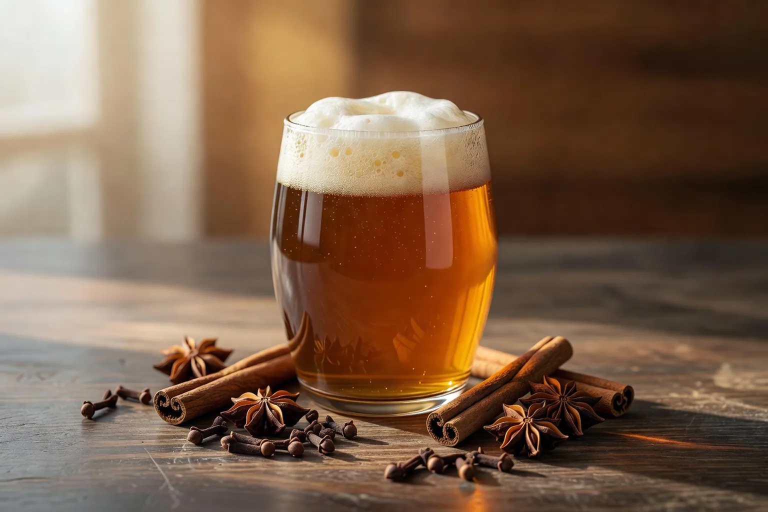 Une bière de Noël ambrée servie dans un verre givré, épices visibles en arrière-plan.