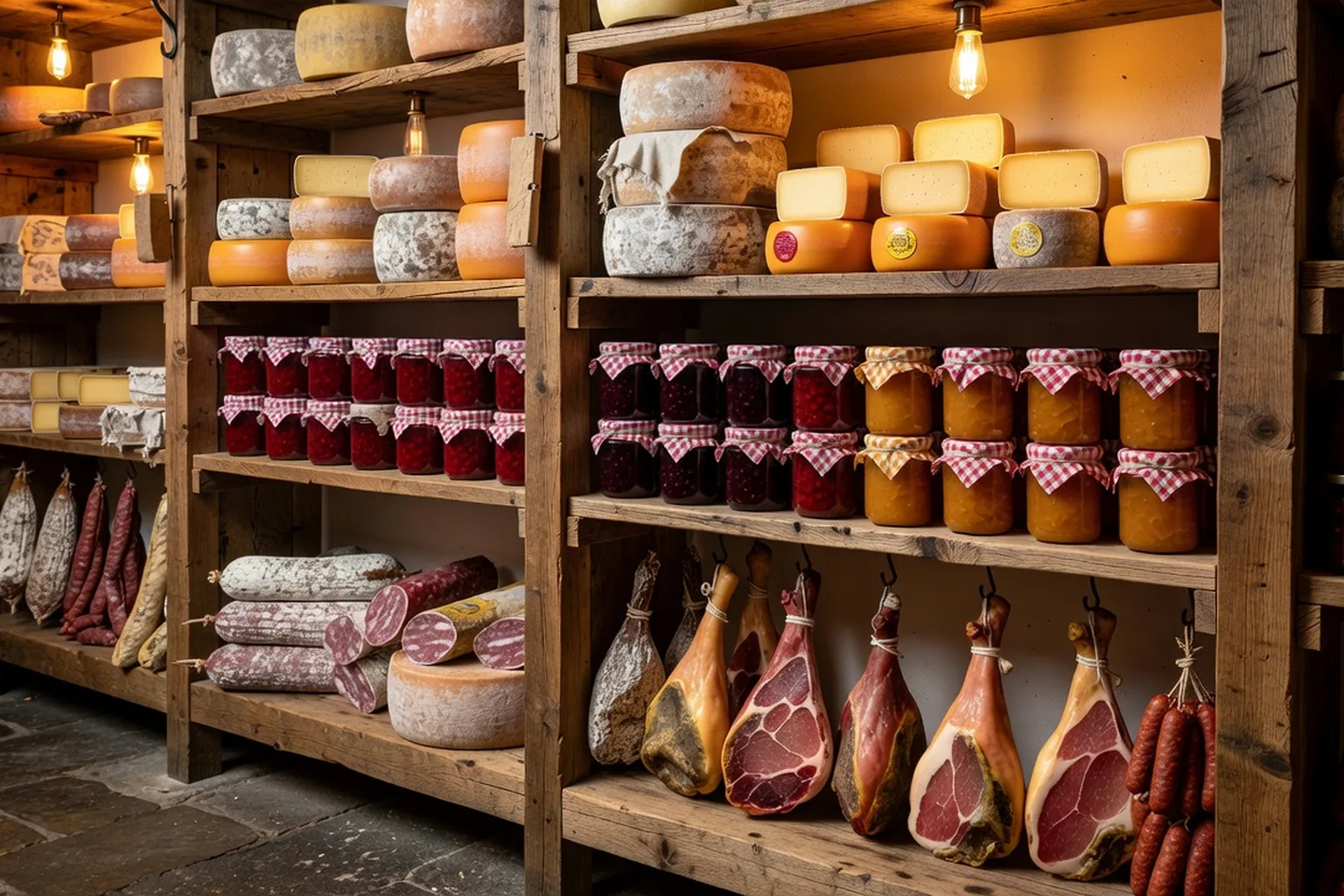 Étagères d'une boutique collective de producteurs vosgiens avec fromages, confitures et charcuteries.