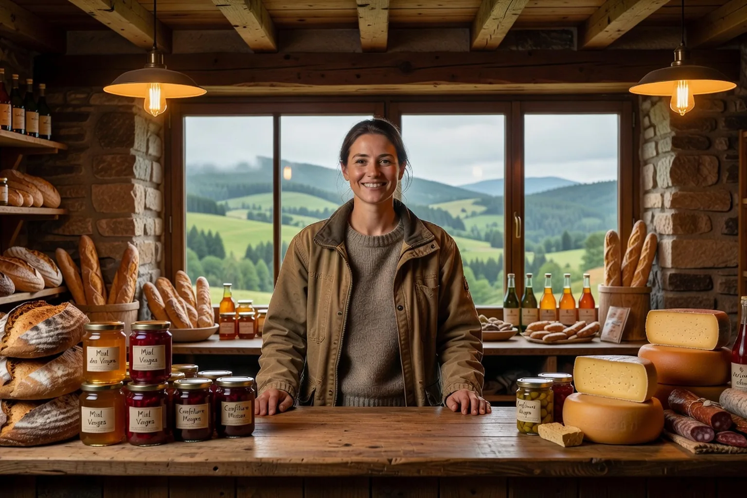Une productrice vosgienne présente ses confitures et son miel dans une boutique collective.