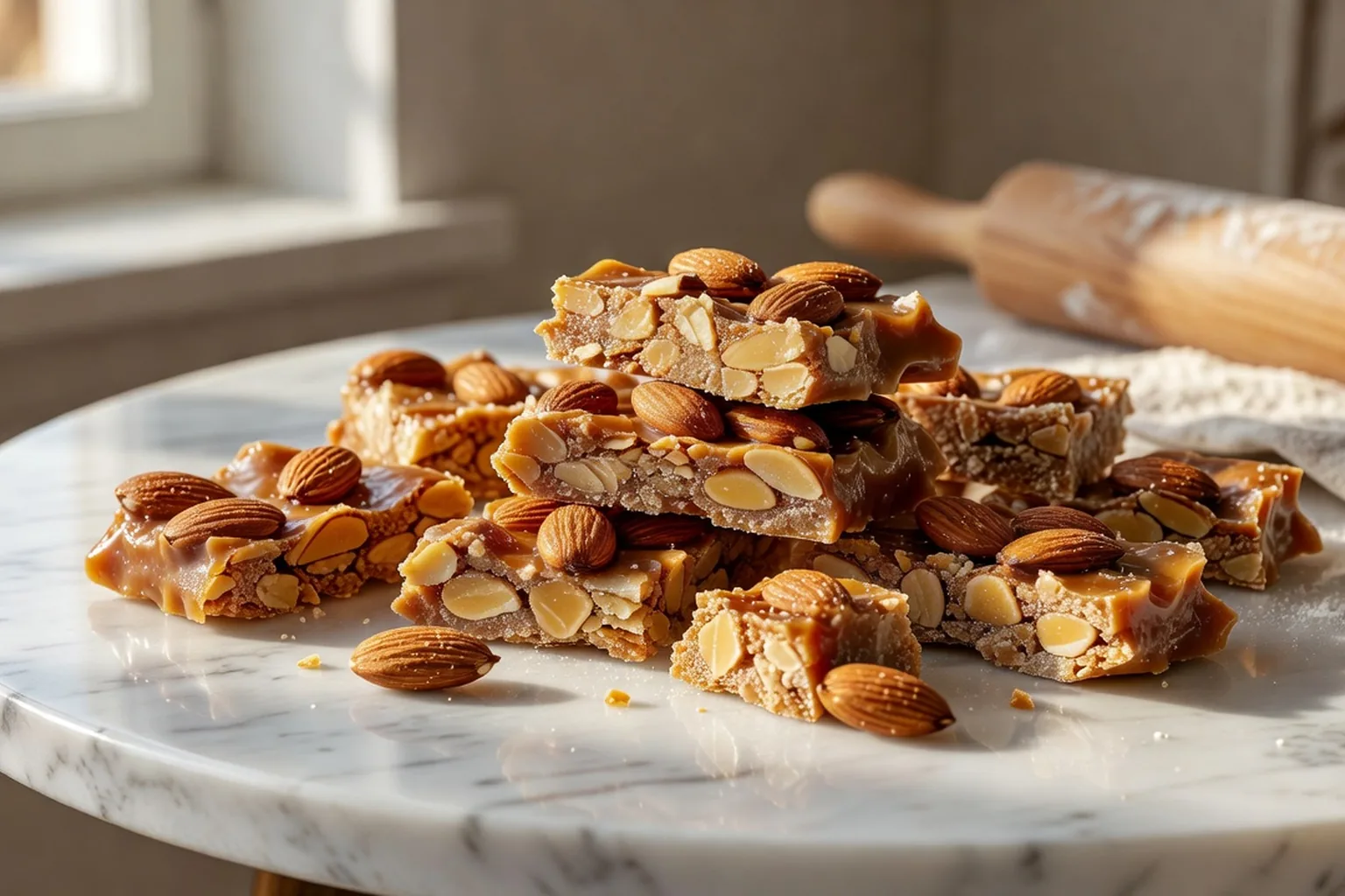 Croquants aux amandes fraîchement préparés dans un atelier de confiserie.