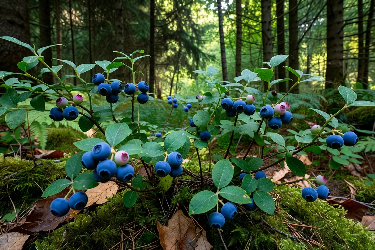 Myrtilliers sauvages chargés de baies dans un sous-bois du massif des Vosges.