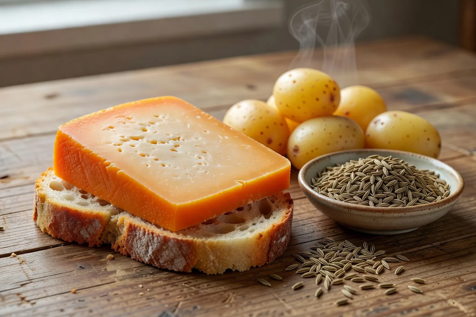 Munster servi avec cumin, pommes de terre tièdes et oignons crus, l'accord traditionnel.