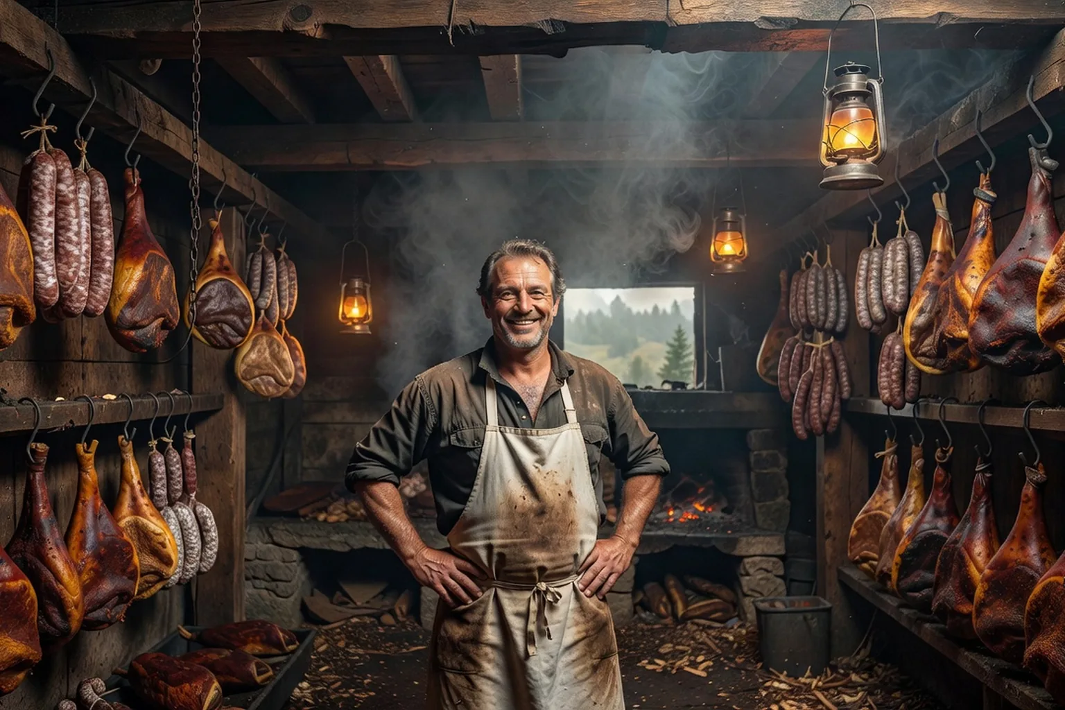 Un artisan boucher dans un fumoir traditionnel du massif vosgien.