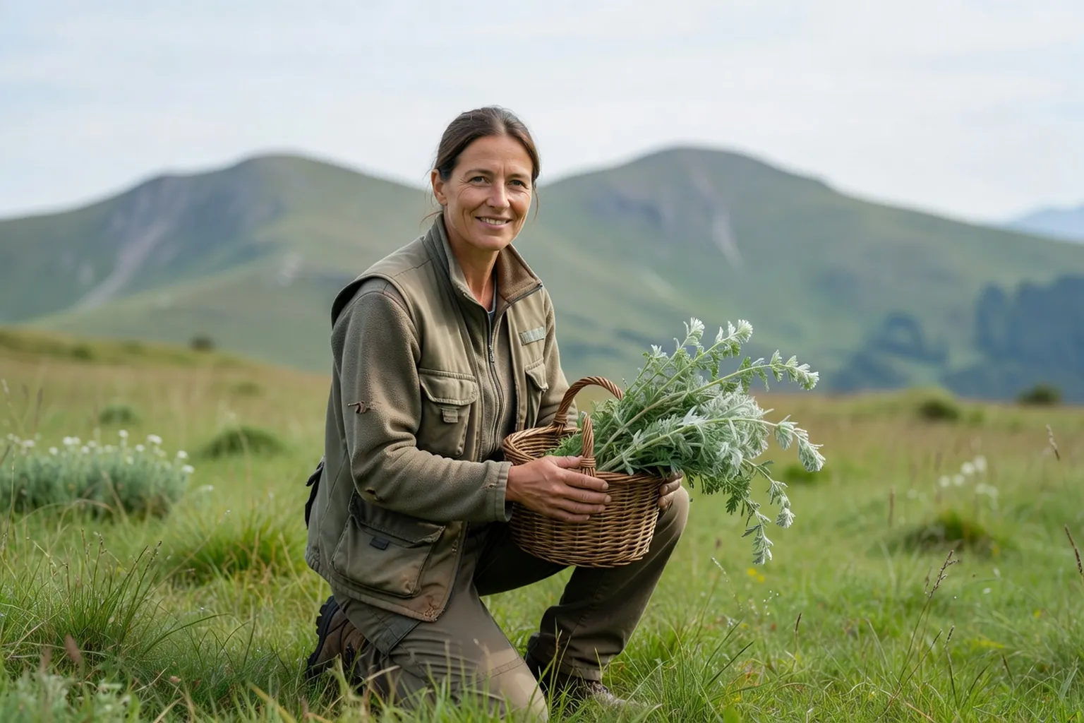 Un cueilleur d'armoise dans les chaumes du massif vosgien, un panier de plantes à la main.