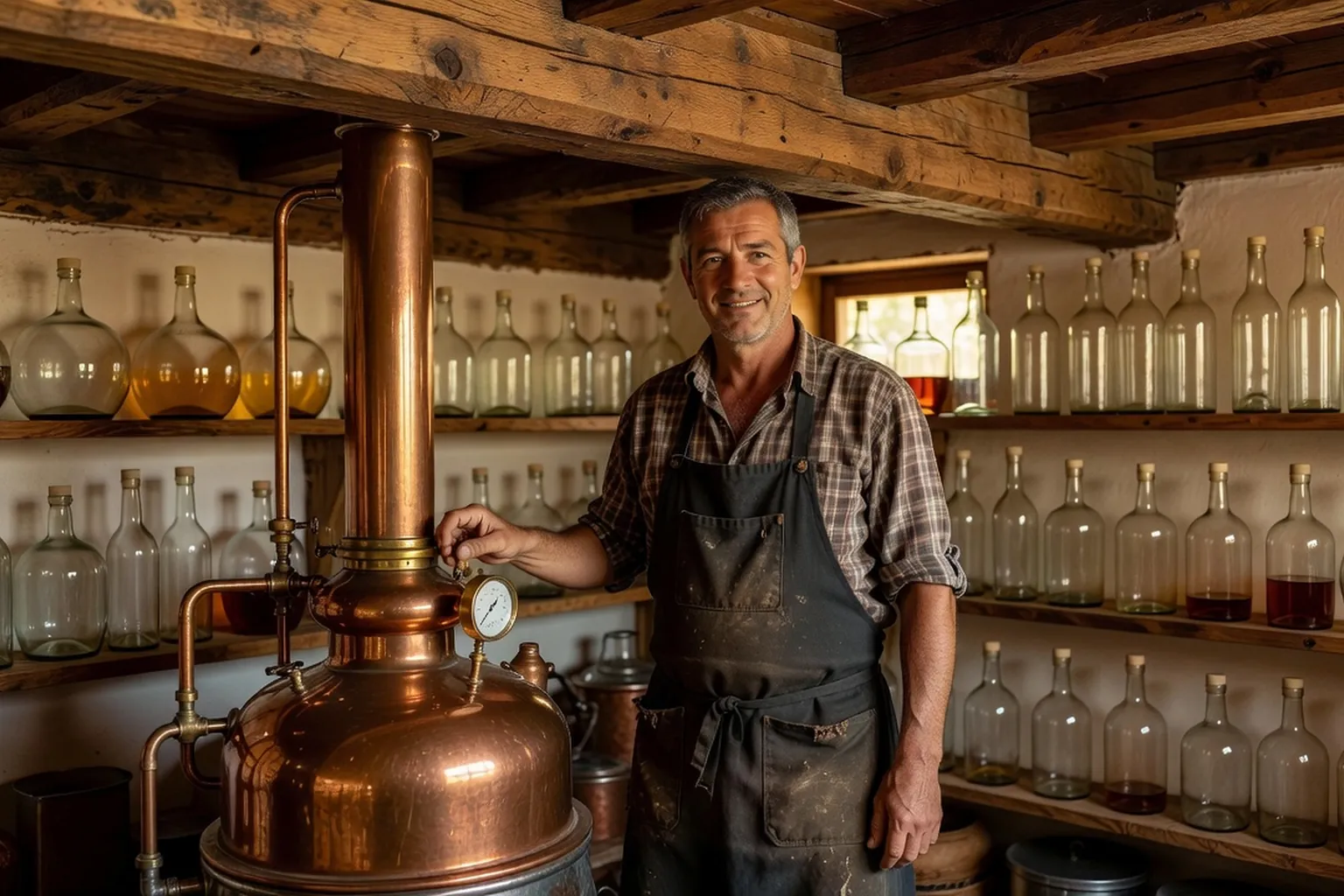 Un distillateur vosgien surveille son alambic en cuivre pendant la chauffe.