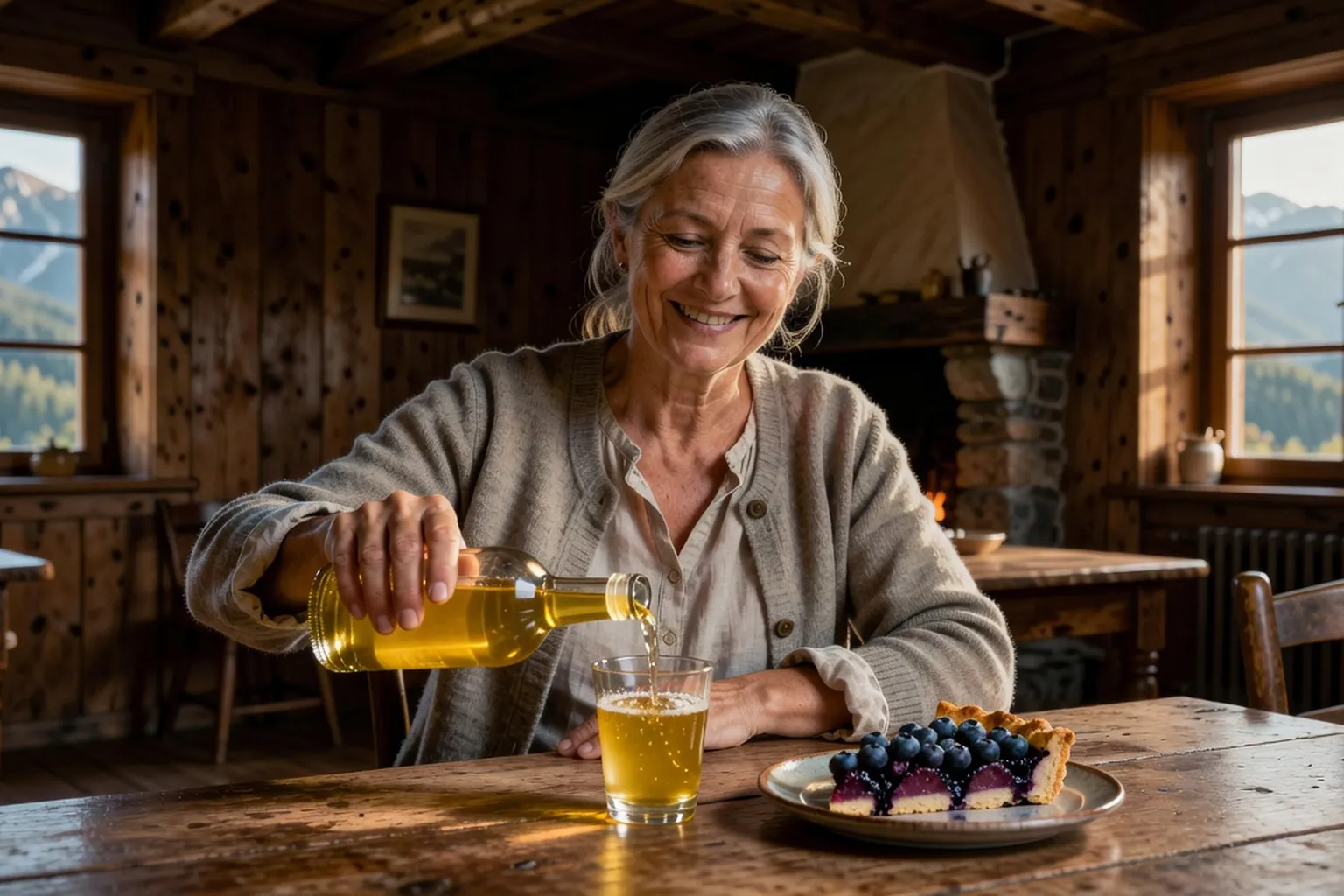 Un verre de liqueur de génépi servi en digestif à l'issue d'un repas de ferme vosgien.