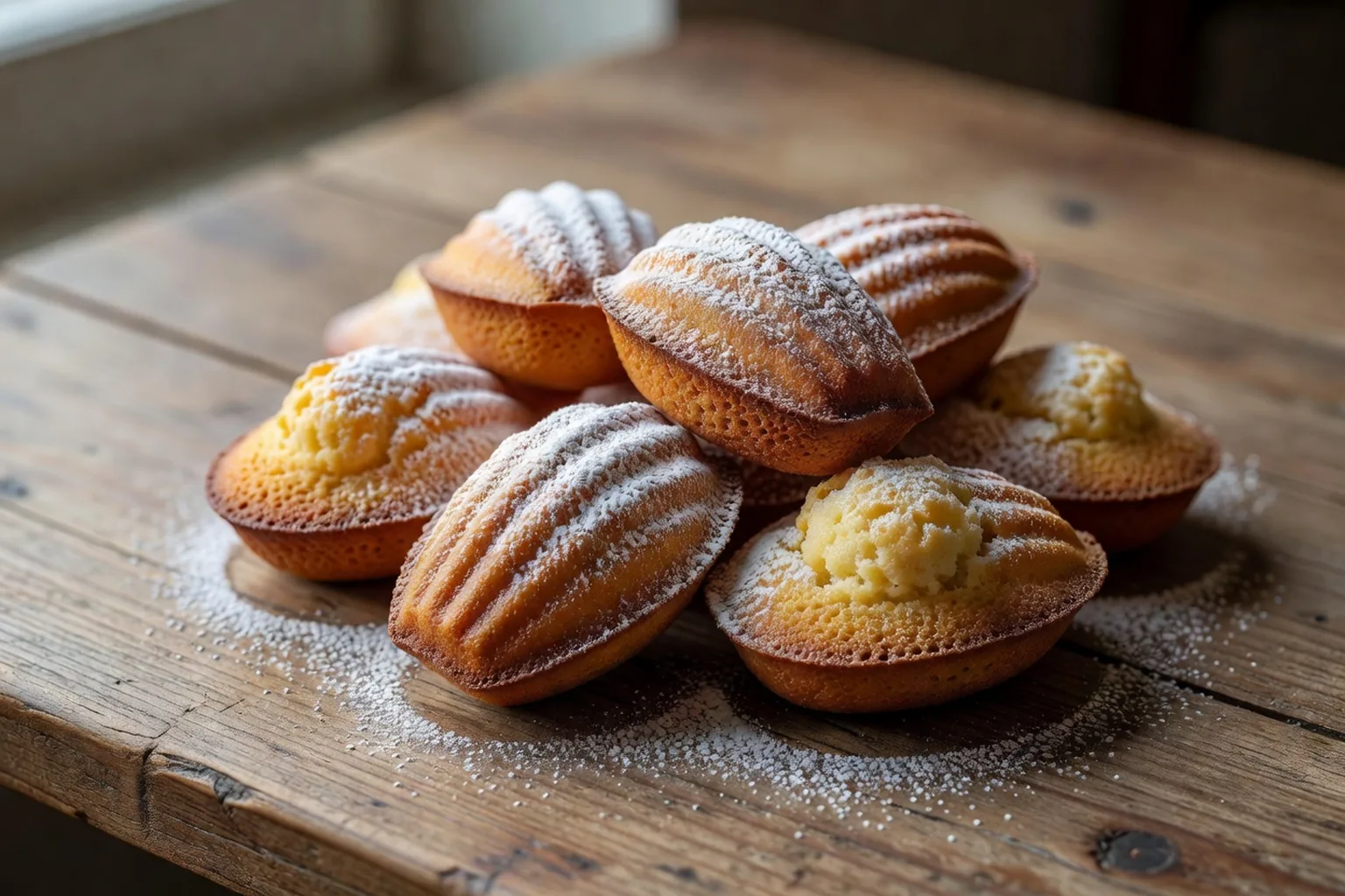 Des madeleines fraîches, à la coquille caractéristique, saupoudrées de sucre glace.