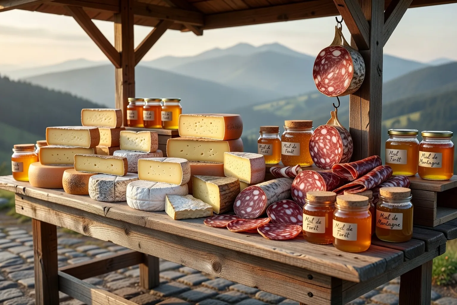 Un étal de producteurs au marché du terroir, fromages, charcuterie et miel réunis.