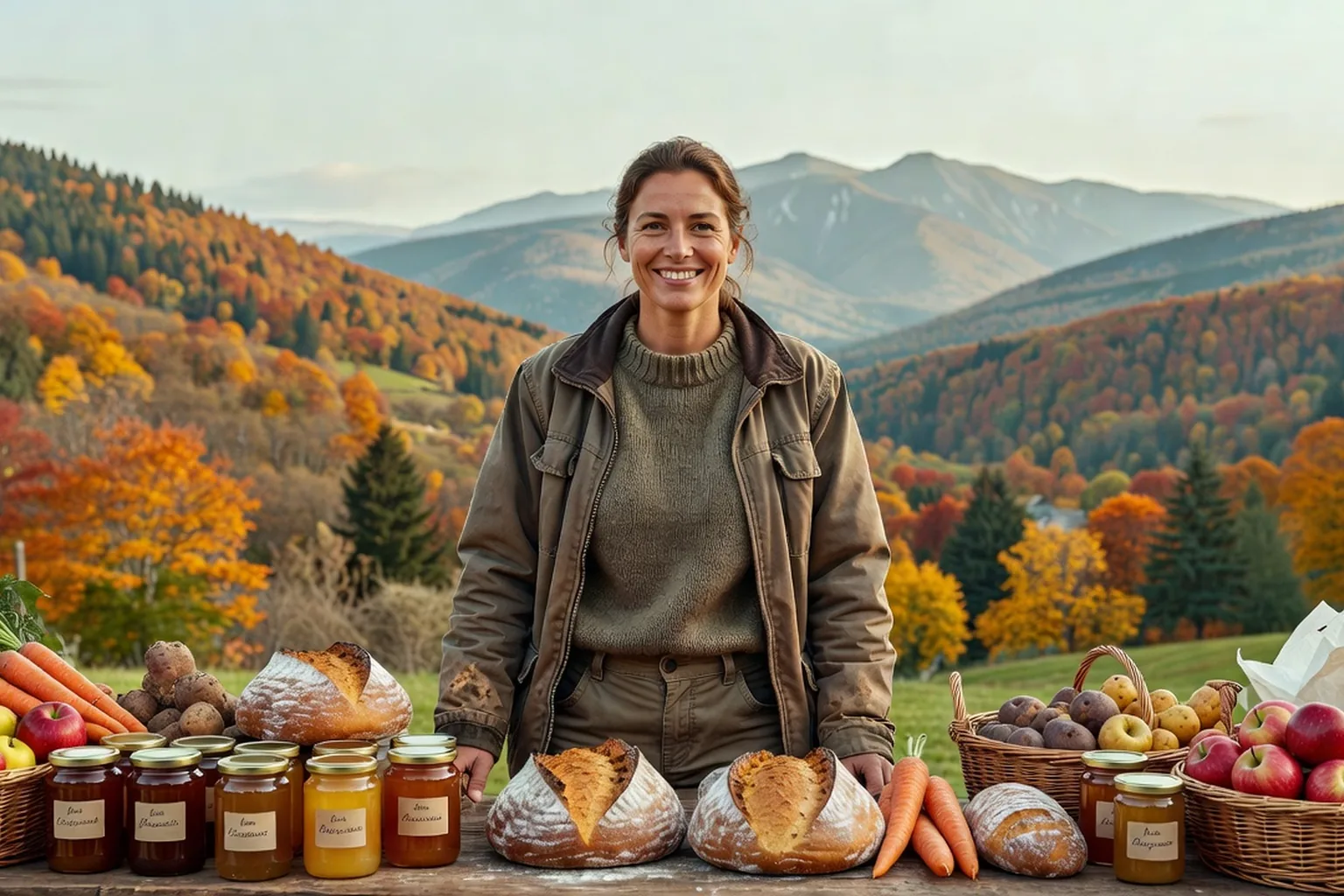 Une productrice vend ses produits fermiers sur un marché de montagne vosgien.