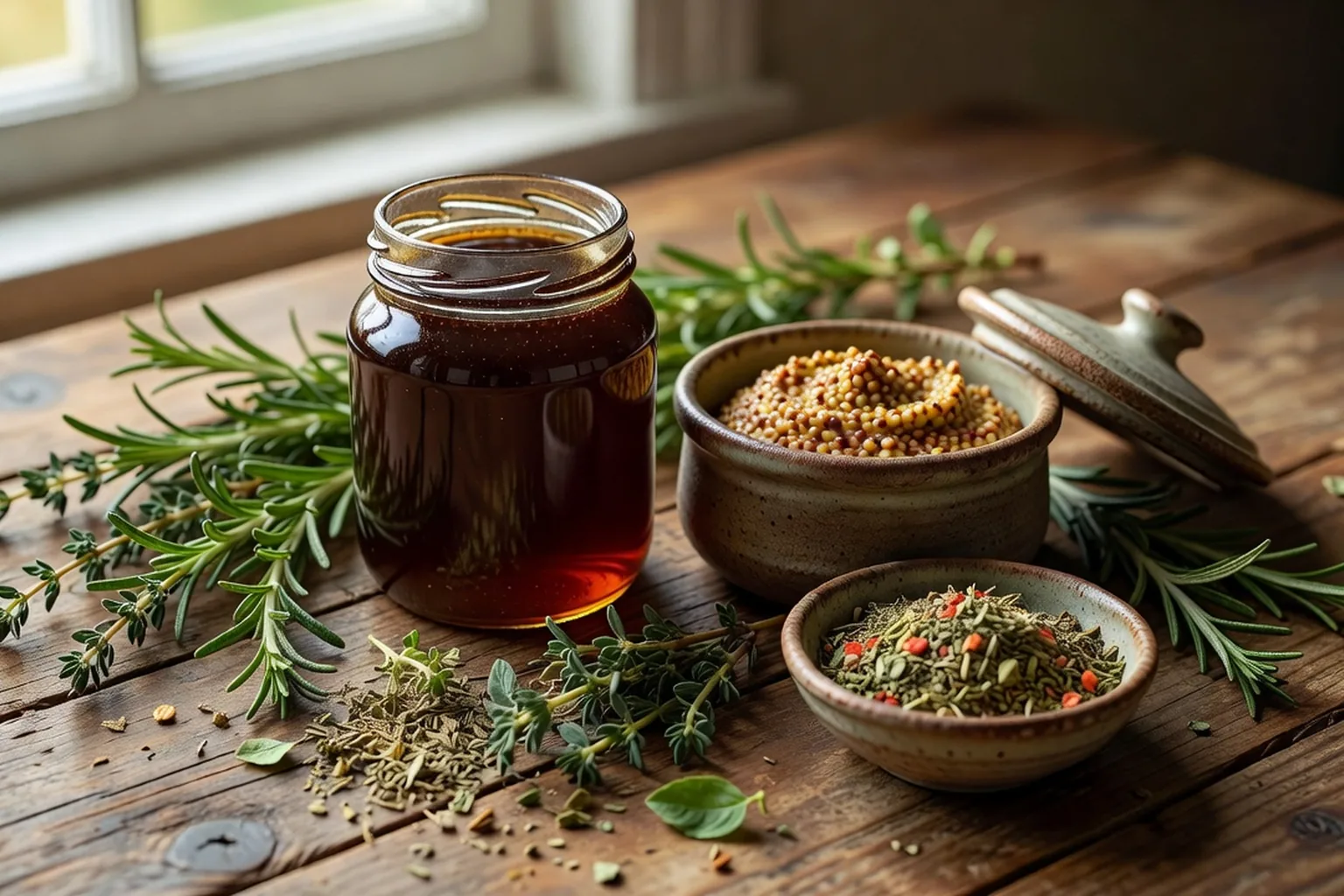 Une marinade au miel de sapin préparée pour une viande, ingrédients sur table en bois.