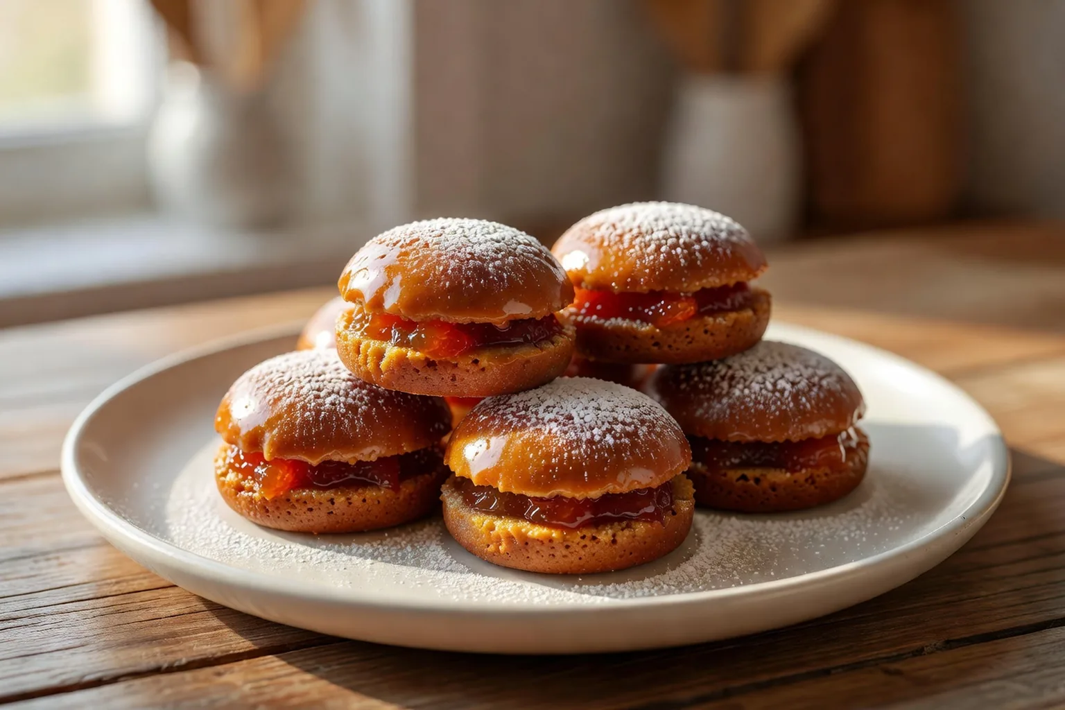 Des nonnettes au pain d'épice fourrées de marmelade, glacées et disposées sur un plateau.