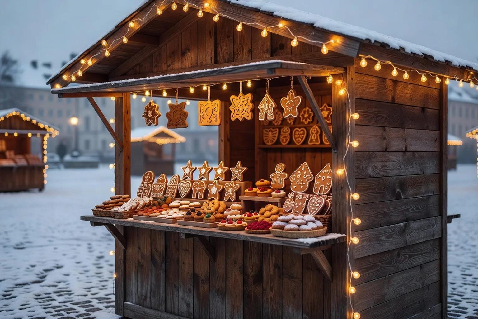Un marché de Noël dans les Vosges avec un étal de pain d'épice et de petites pâtisseries fourrées.